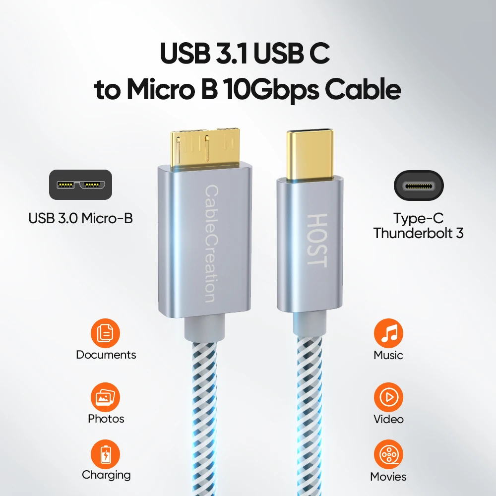 CableCreation Type USB C to Micro B Cable 10Gbps Fast Data External Hard Drive Disk Cable for SSD HDD PC MacBook Pro 0.3m 1m