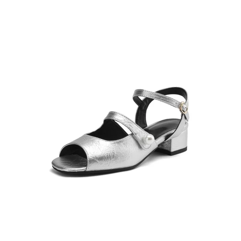 

New Belt Buckle Pearl 2.5cm Low Heel Gold Silver Sandals European American Fashion Commuting Comfortable Summer Women Shoes 43