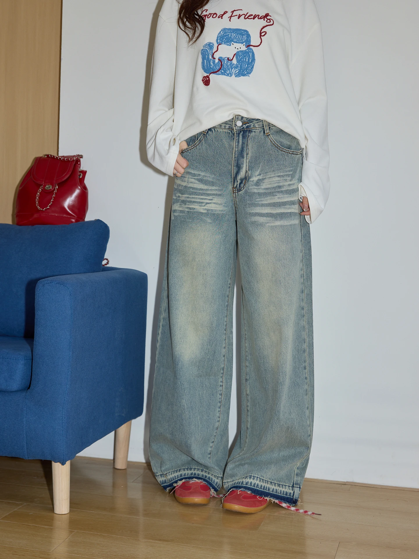 

Женские джинсы-клеш с высокой талией, рваные, синие, свободного кроя, в пол, повседневные, весна 2026