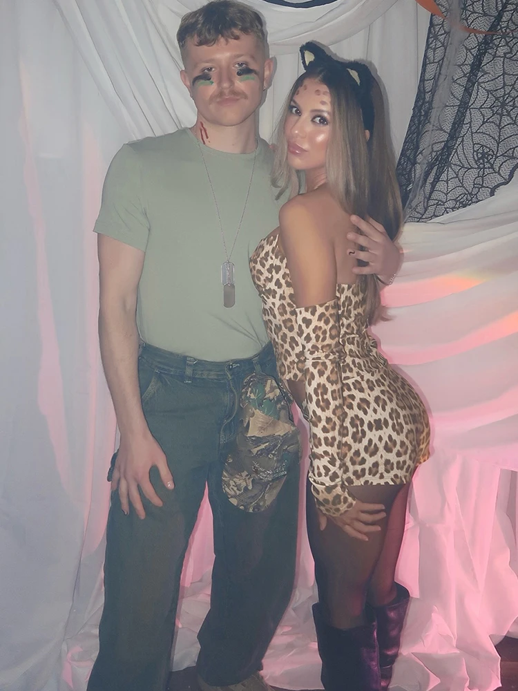 غريب سنور ليوبارد طباعة 3 قطعة مجموعة المرأة الصيف الرسن عارية الذراعين بروتيل قفازات السراويل مطابقة مثير كلوبوير تمتد وتتسابق #4