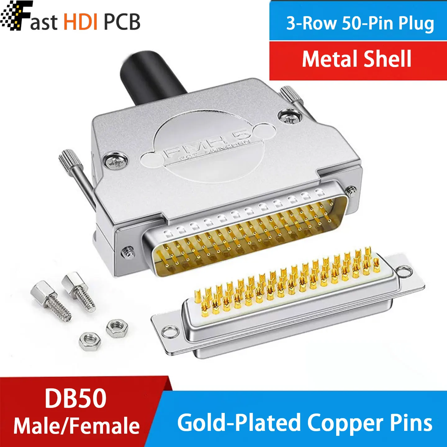 DB50 D-Sub Connector Male Female 50 Pin Solder Type Metal Shell ABS Shell Gold Plated Solid/Stamped Pin Servo Motor Industrial