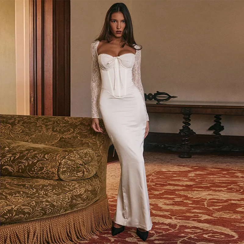 

Кружевное прозрачное женское вечернее платье с квадратным воротником, плиссированное платье для выпускного вечера с талией, белые вечерние халаты с открытой спиной, пикантная девушка, новый дизайн на складе