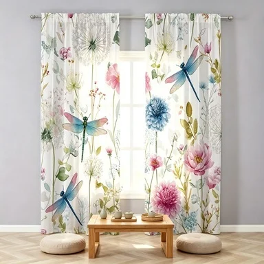 2PCS Digital Printed Sheer Curtain, Dragonfly Flower Bush, Whimsical Garden Nature Insect for Living Room Bedroom Home Decor