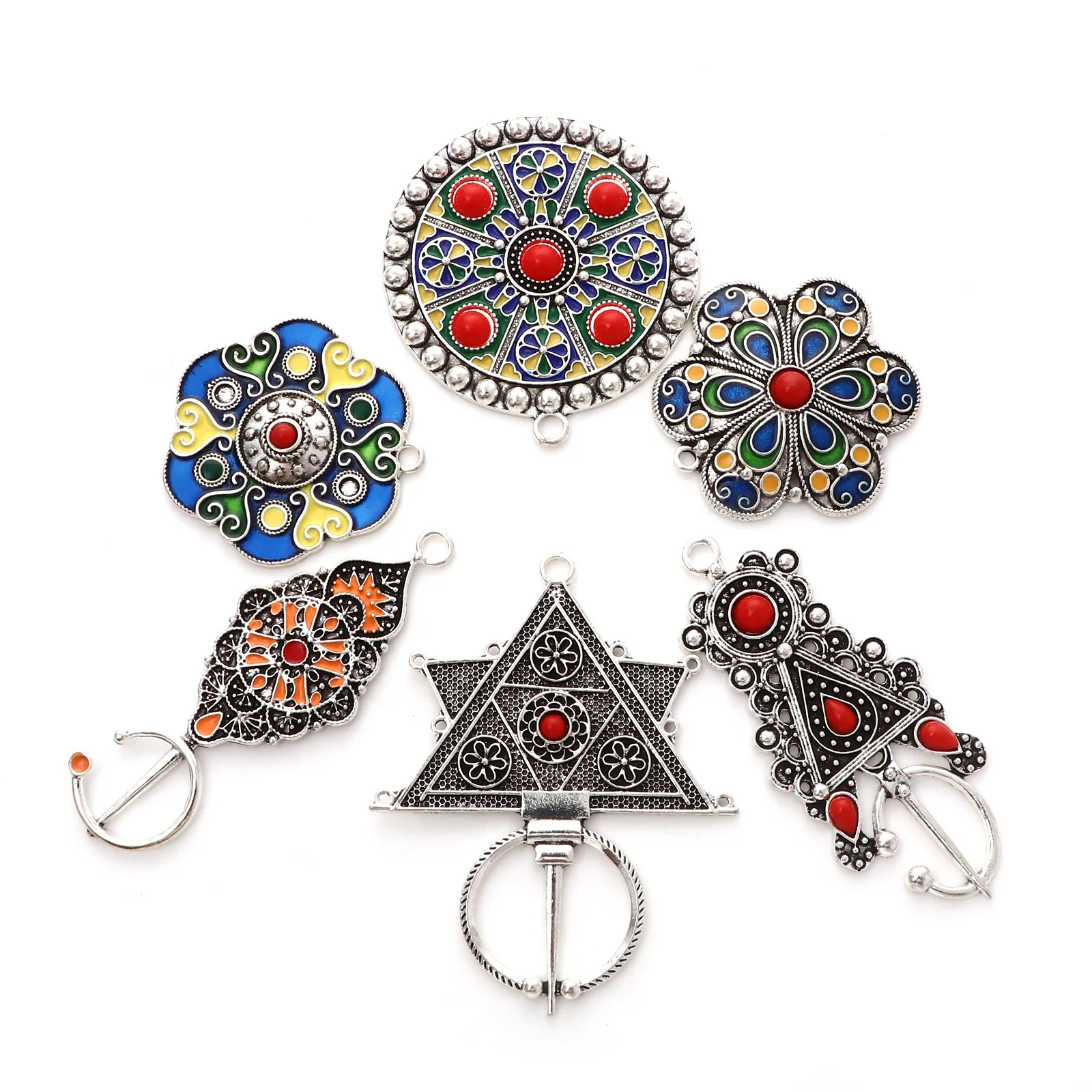 DoreenBeads 2PCs Ethnic Bohemia Pendants Antique Silver Color Enamel Flower Round Charms For DIY Making Necklace Jewelry