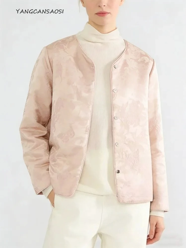 

Women's Winter Quilted Coat - Silk Wool Blend with Gold-Thread Jacquard, Guanle Crepe Fabric, Filled with Mulberry Silk & Cotton