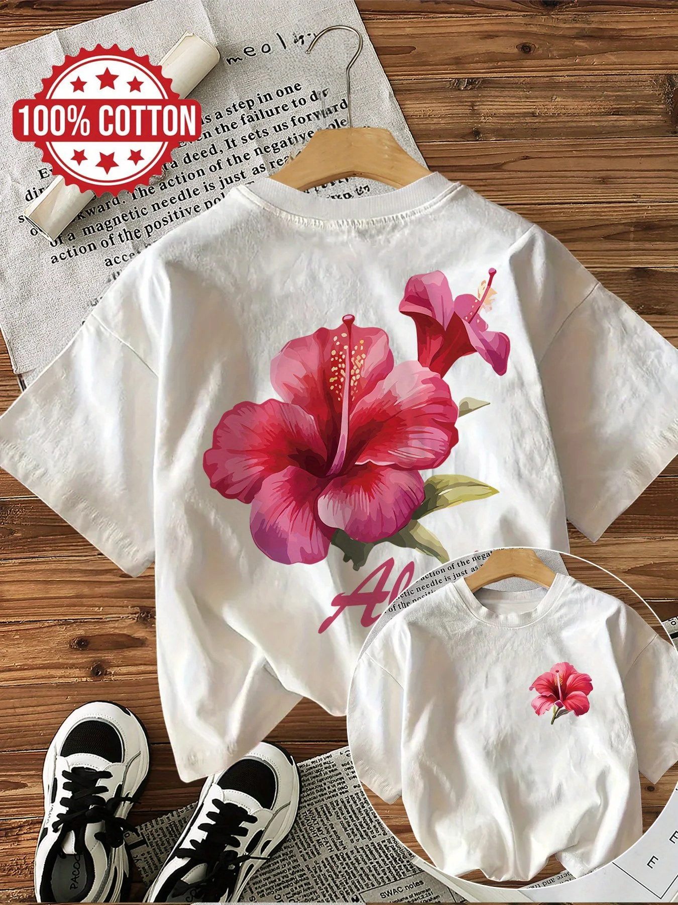 100% Cotton Women's Hawaiian Tropical Floral Print T-Shirt Soft Crew Neck Short Sleeve Top Beach Vacation Shirt Floral Design