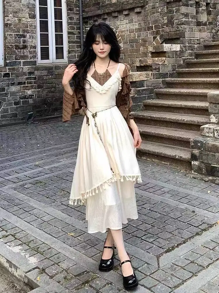 New Aesthetics Chinese Style Elegant Suit Woman Korean Fashion Set Casual Crop Tops + Irregular Sleeveless Tassels Dress Chic - view 6