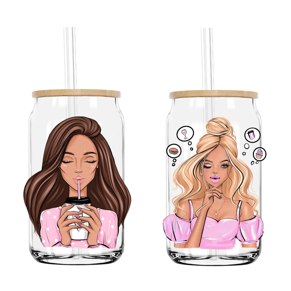 Drink Thinking Girl Coffee Lady UV DTF Transfers Stickers Decals For Libbey Cold Cups Mugs Tumbler Waterproof DIY Craft