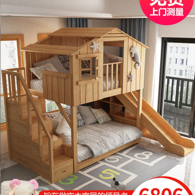 Children's tree house bed All solid wood up and down High and low bunk with slide Loft Secret base Mother Princess