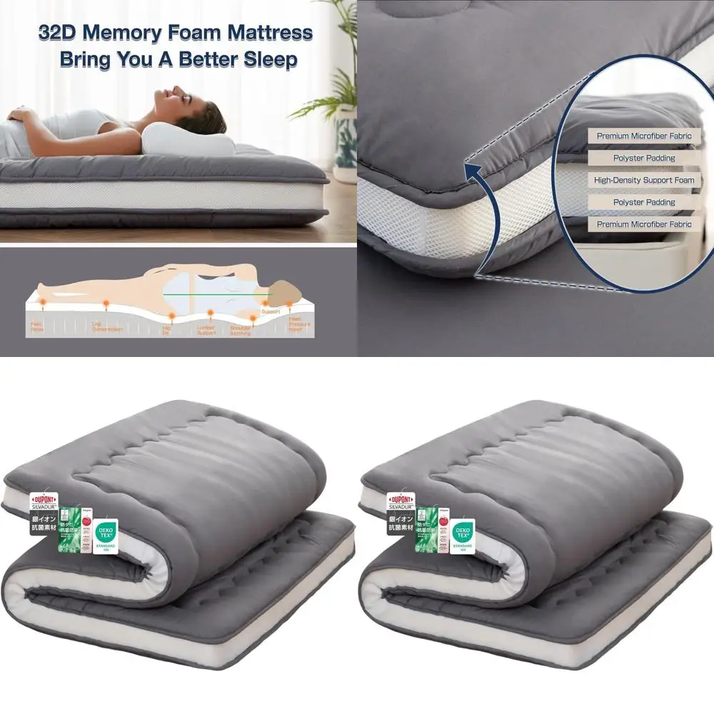 

Twin Size Japanese Futon Mattress, 4 Thick Foldable & Portable, Traditional Shikibuton, Grey, 39x80