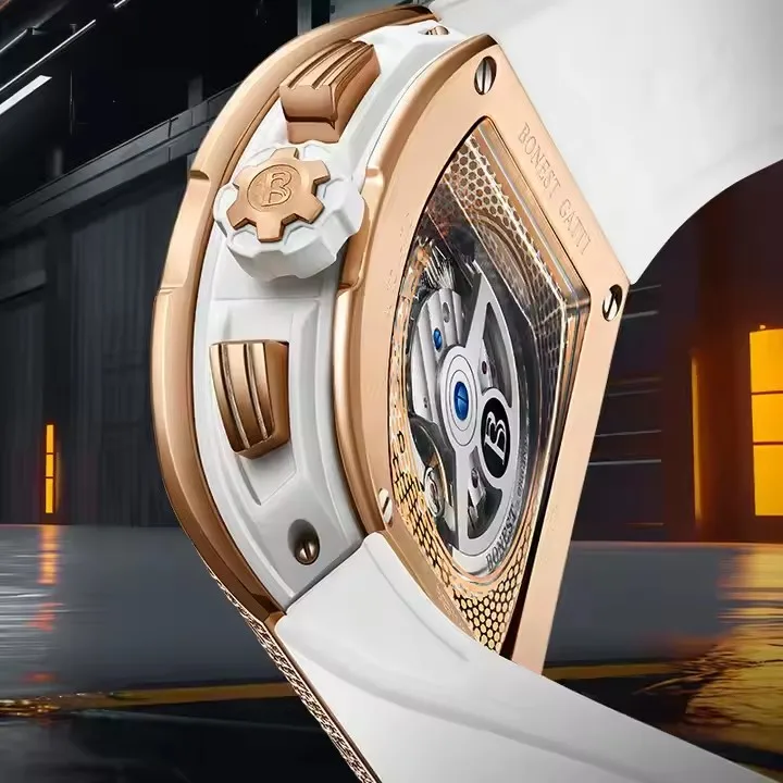 Full Inlay Diamond Automatic High Quality Steel Moon Watches Men Sapphire Rubber Tonneau