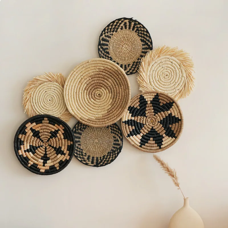 Boho Chic Handcrafted Seagrass Wall Baskets, Rattan Woven Round Bohemian Decor for Home,Farmhouse-Featherless,Versatile Use