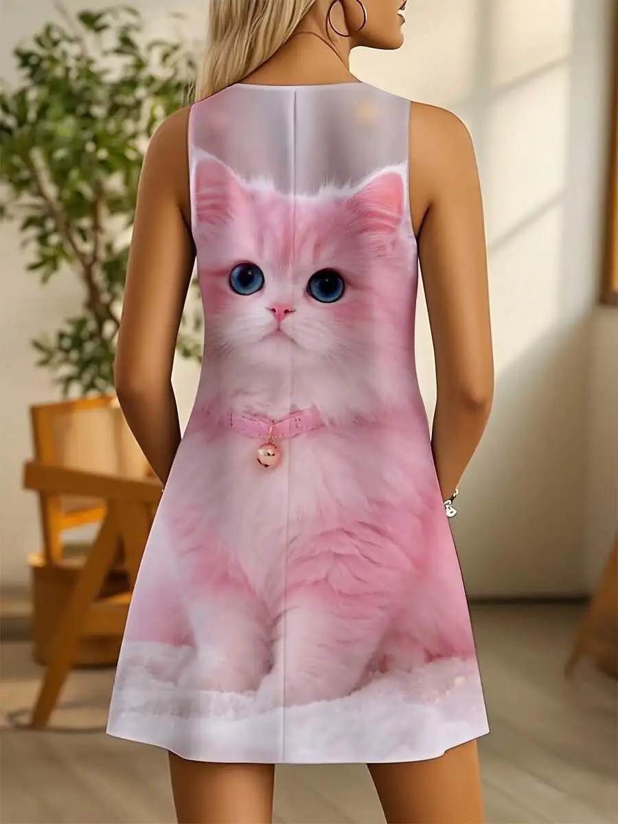 

Sleeveless Dress With Pink Cat Print For Casual Wear