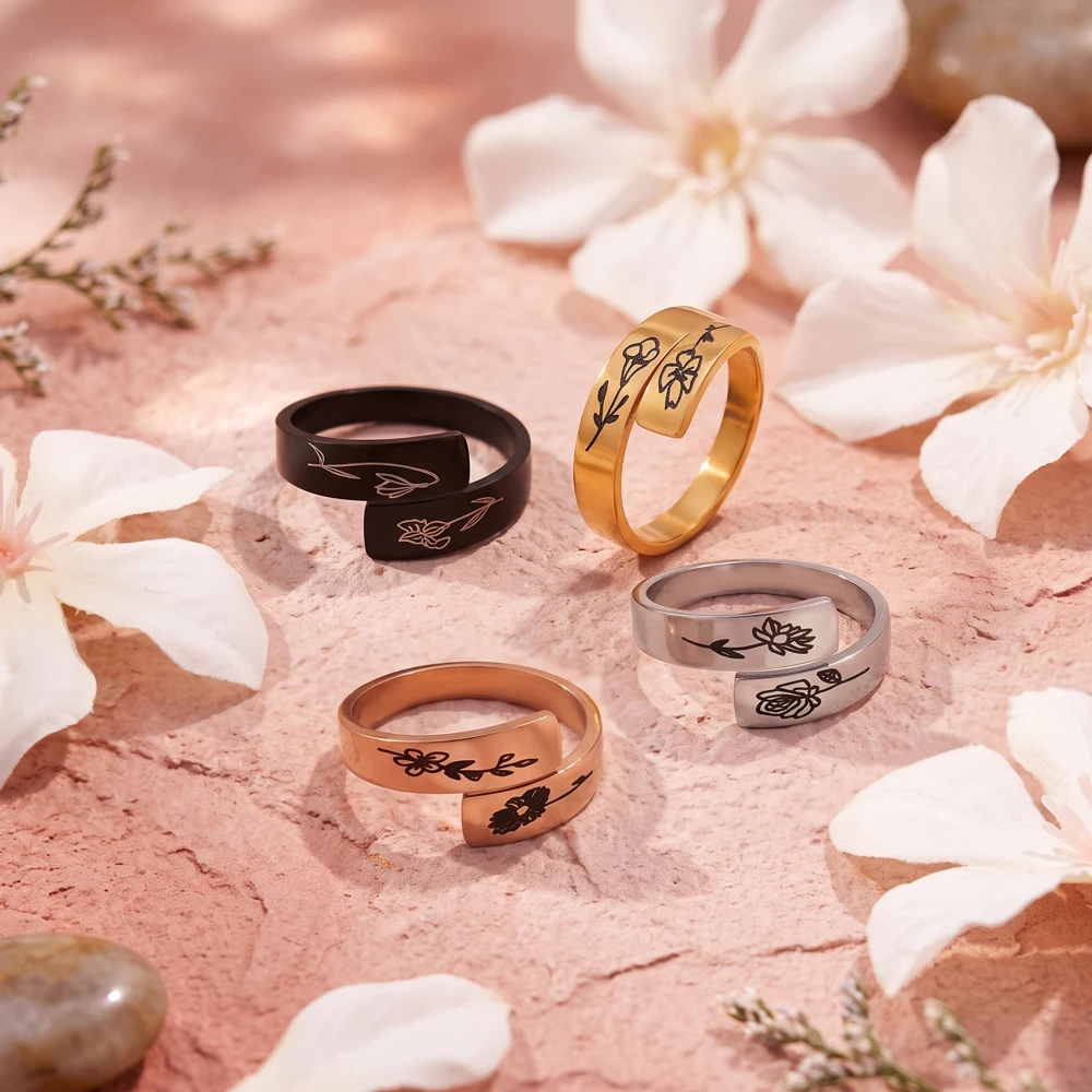 Custom Birthflower Fing Ring Personalized Stacking Rings Stainless Steel Birth Flower Ring  For New Mom Wife Christmas Gift