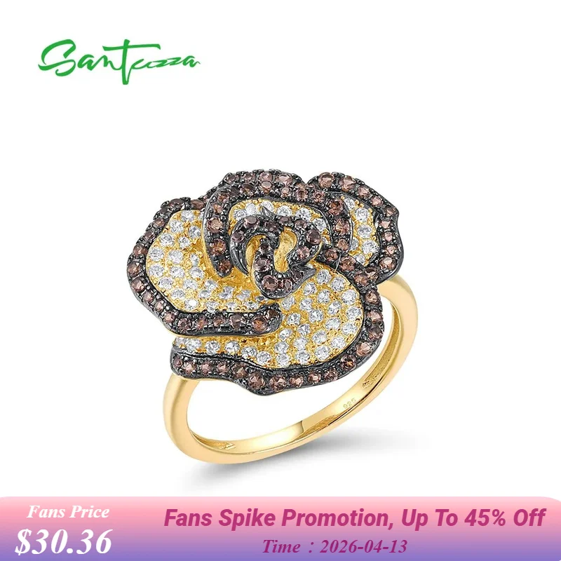 

SANTUZZA Authentic 925 Sterling Silver Ring For Women Sparkling White CZ Lovely Brown Flower Wedding Enagement Gift Fine Jewelry
