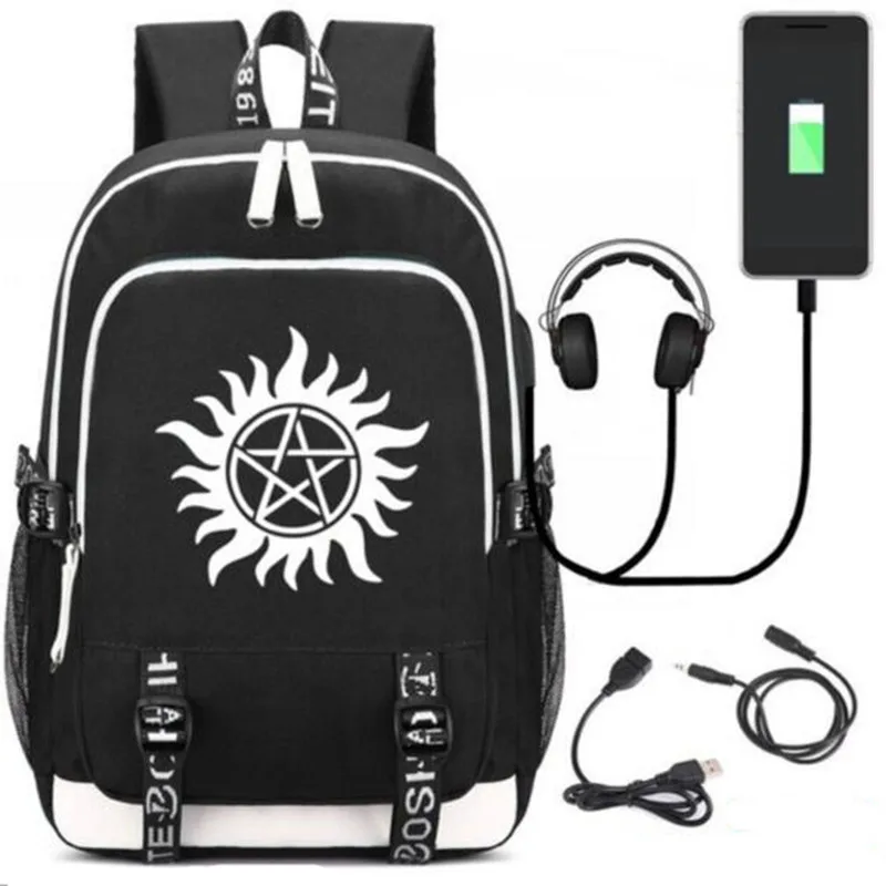 Supernatural SPN Rucksack Backpack Fans Bag W/ USB Fashion Port / Lock /Headphone Travel Laptop Student School Bags Gifts