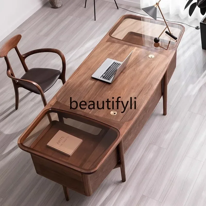 

yj5 Chinese walnut solid wood desk adult home office boss table light luxury modern writing desk small apartment