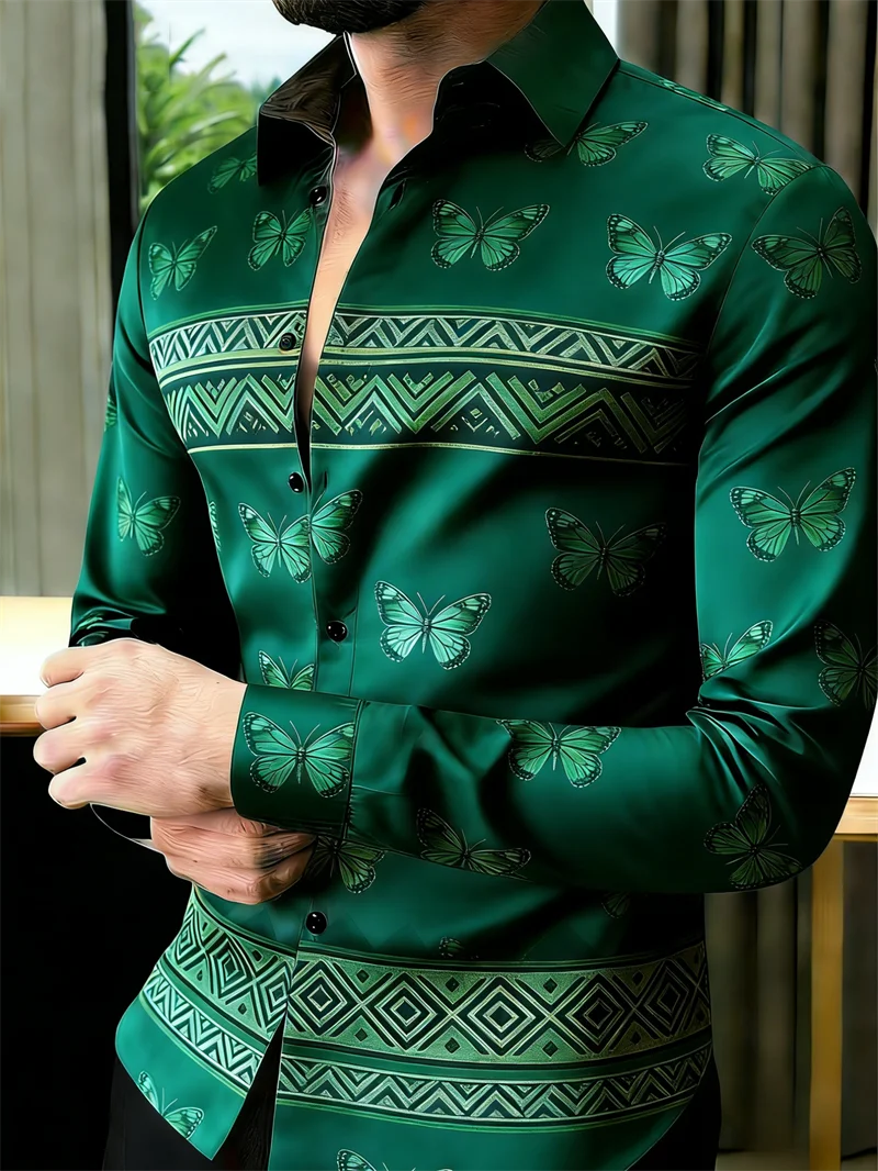 New 11 Color Men's Long-Sleeved Lapel Shirt with Fashionable 3D Printed Butterfly Pattern Long-Sleeved Shirt
