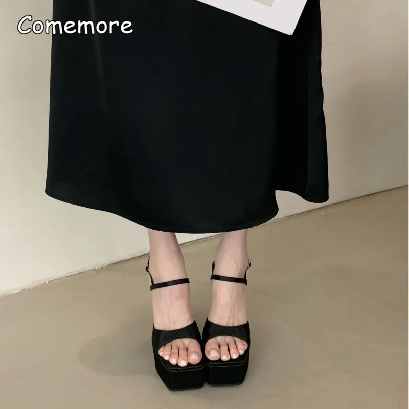 15CM High Heels Chunky Platform Square Toe Satin Sandals Women's Fashion Party Dress Shoes Black Ankle Straps Elegant Tacones view 5