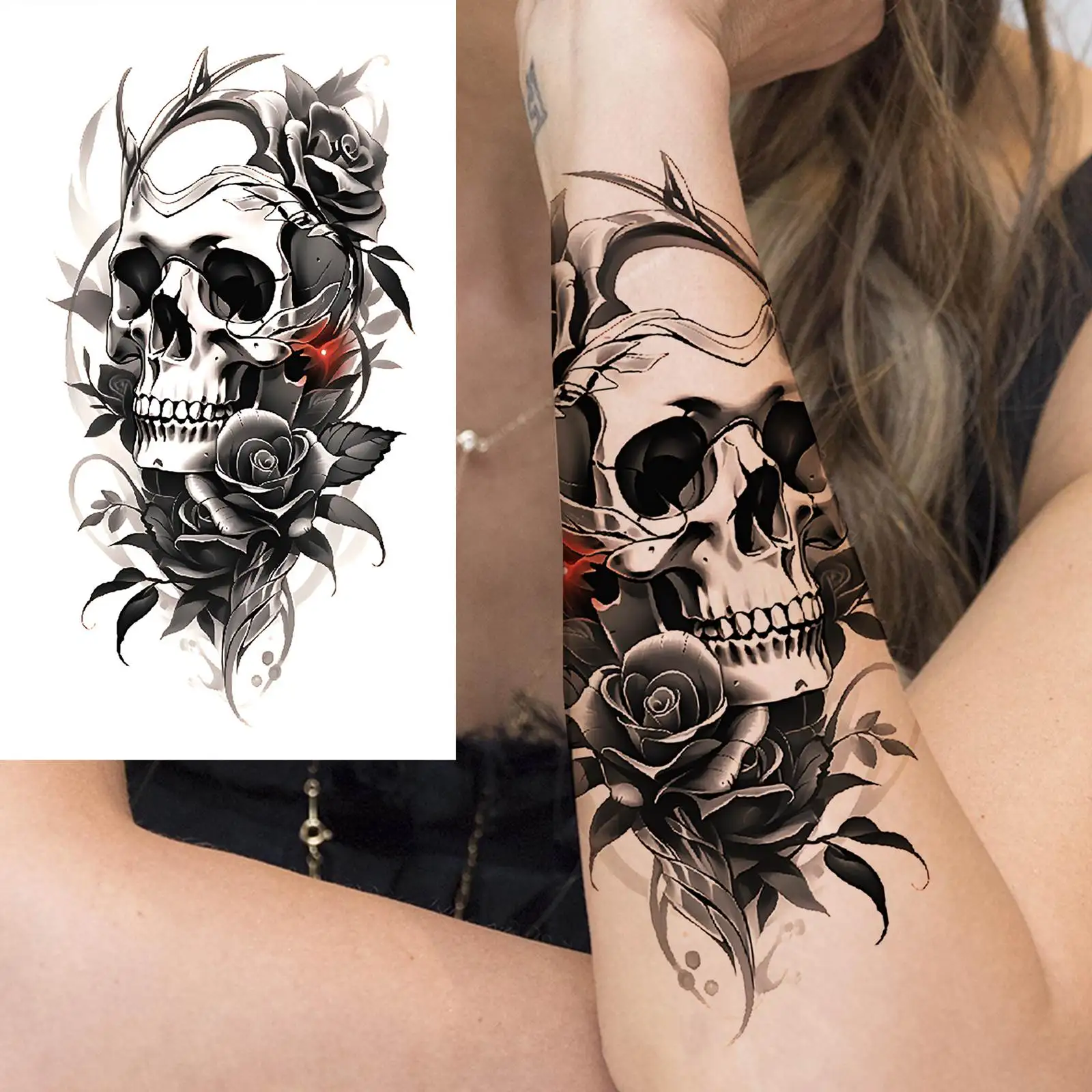 1 Sheet Skeleton Temporary Tattoos For Women Men Fake Death Skull Flower Tattoo Sticker Body Art Drawing Arm Forearm Waist Back