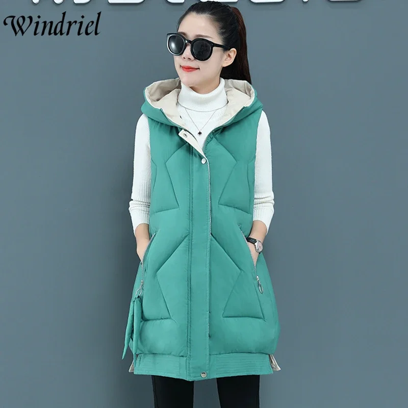 

Winter Women Vest Casual Long Hooded Waistcoat Plus Size 3XL Zipper Pocket Thicken Warm Sleeveless Jacket Coat Female Windriel