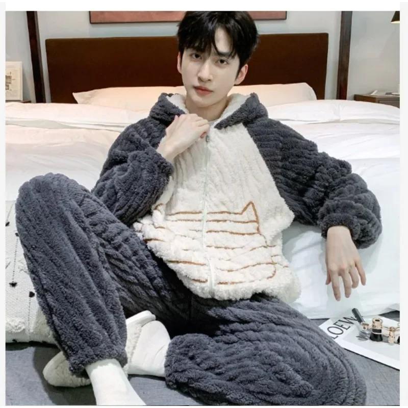 Autumn /winter Warm Male Homewear Set New Can Be Worn Outside Sleepwear Winter Male Coral Velvet Plus Velvet Thickened Net Red