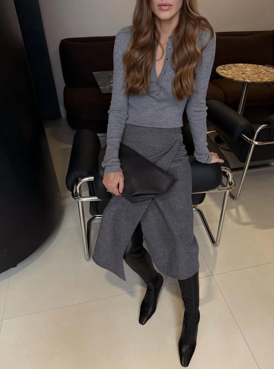 Herbst Winter Neue Damen-Pendlerkleidung Grauer Woll-Midirock Eleganter Hochtaillierter Knopf-Schlitzrock für Damen – Detail 6