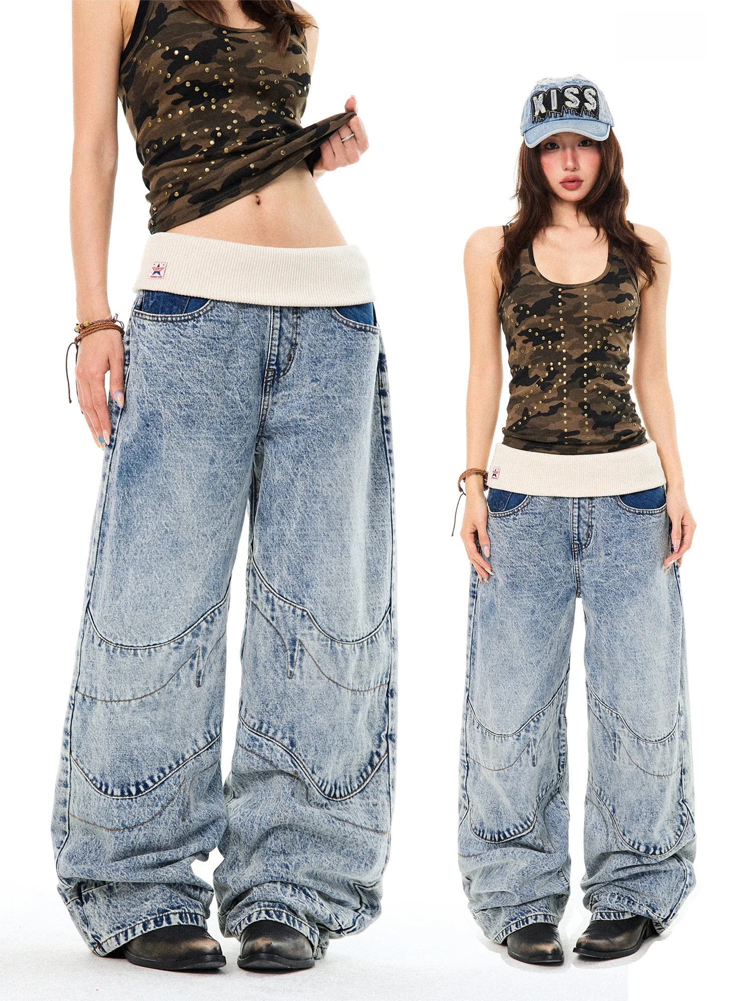 

Джинсы женские Young Stage American Washed Wide Leg Denim с трикотажным поясом и вставками, повседневные брюки в винтажном стиле