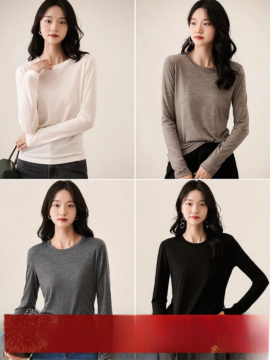 

Мягкая женская футболка с длинным рукавом из шерстяной смеси, однотонная, с круглым вырезом, для повседневной носки, приталенного кроя, из чистой шерсти.