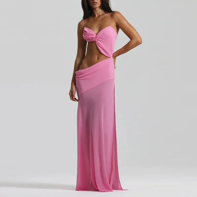 

Summer Sexy Backless Irregular Long Dress Womens Side Split Sleeveless Camisole Long Dress Vacation Elegant Hollow Beach Dresses