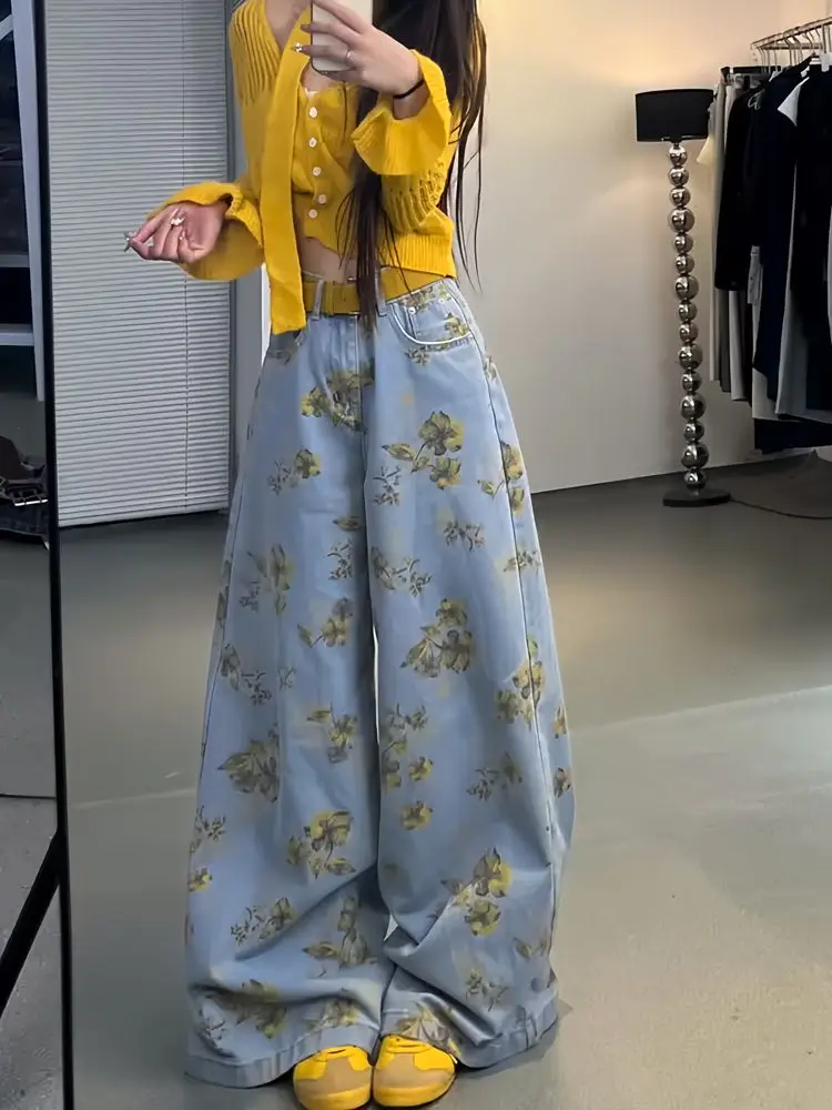 

American Retro Flower Print Wide-Leg Jeans For Women In Summer High Street Design Loose Drape Slim Straight Pants