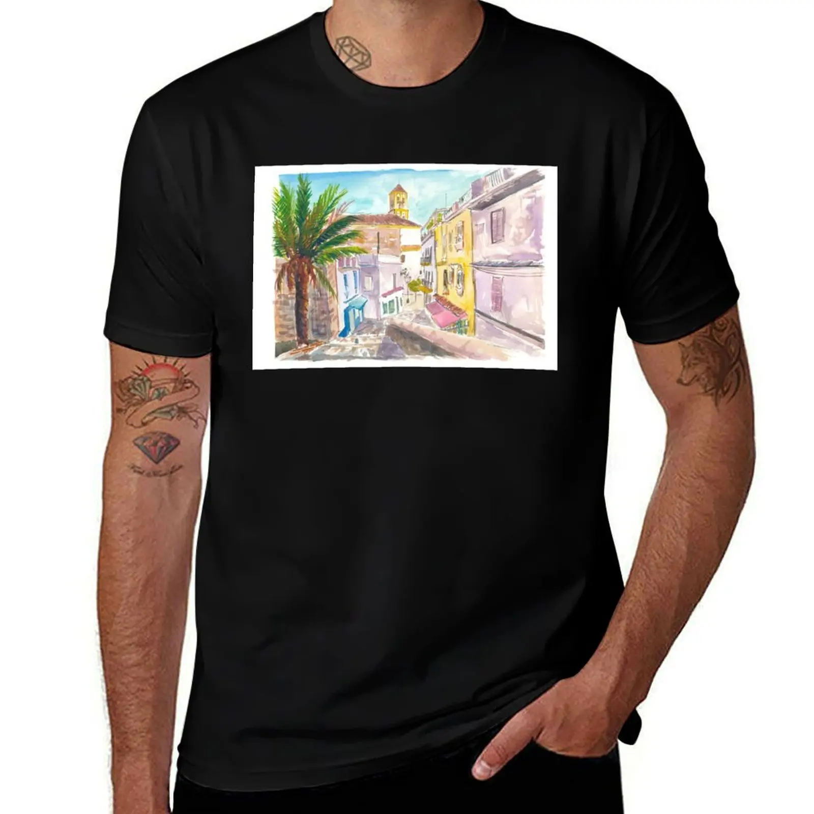 

Charming Marbella Street Scene under Spanish Blue Sky T-Shirt tops baggy shirts cute tops men tshirt