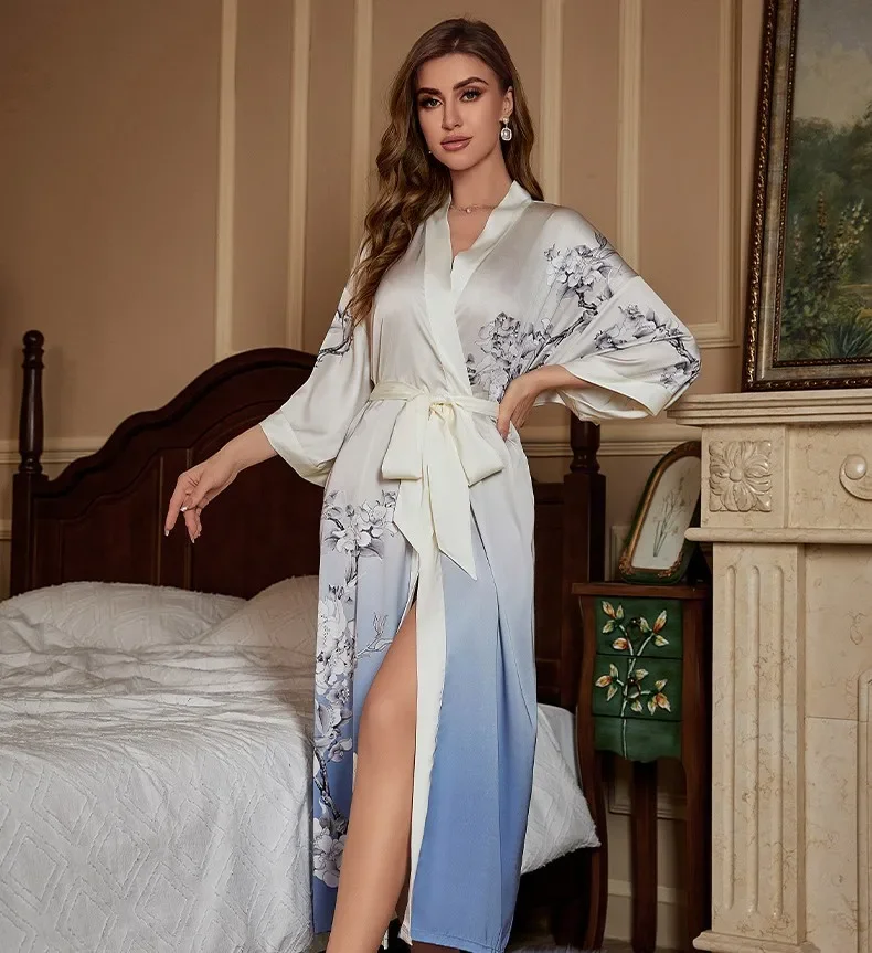 Large Size Bathrobe Kimono Print Women Bath Robe Nightgown Spring Summer Silky Satin Sleepwear Casual Dressing Gown Nightdress