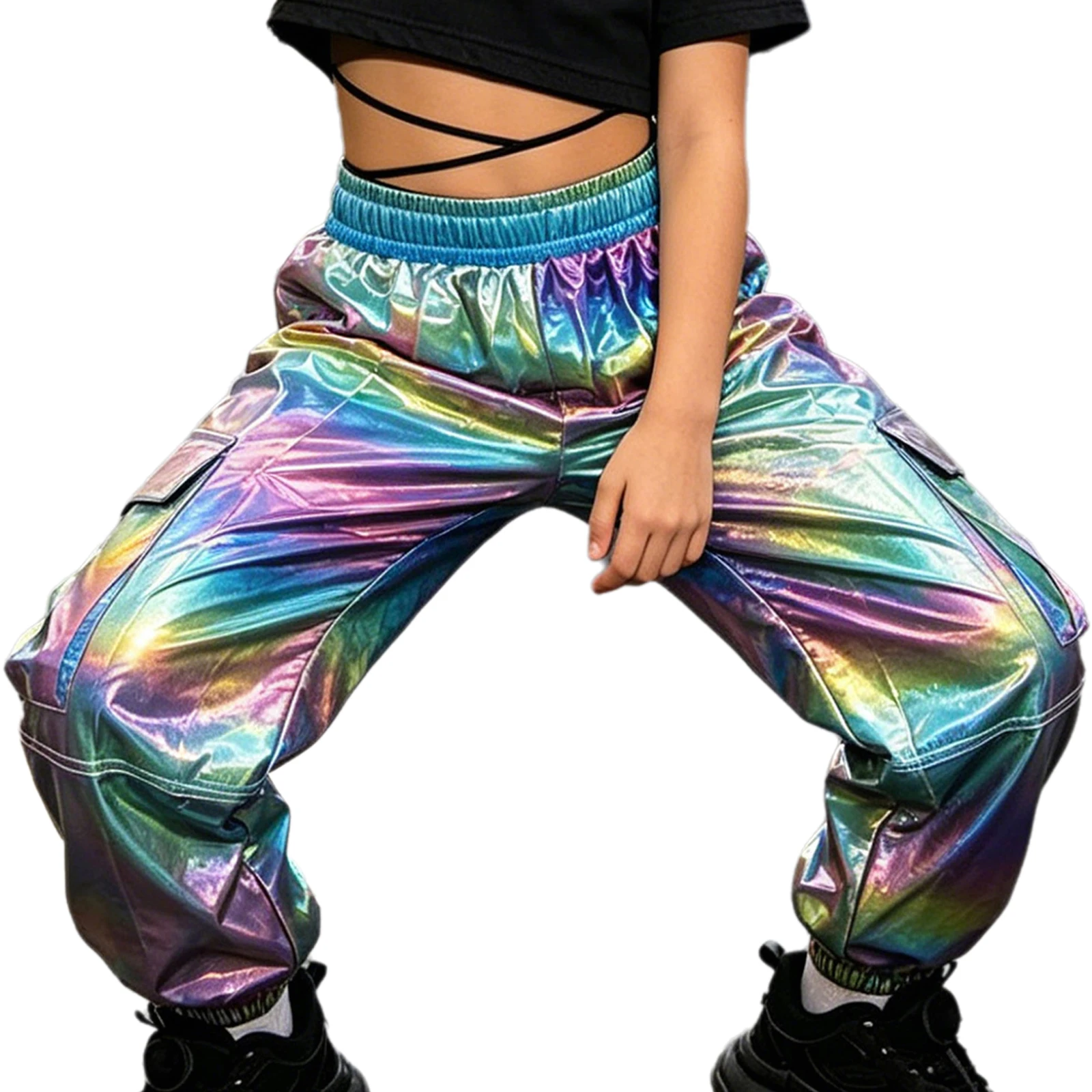 Kids Girls Metallic Cargo Pants Hip Hop Jazz Dance Stage Performance Costume Elastic Waist Shiny  Jogger Trousers with Pockets