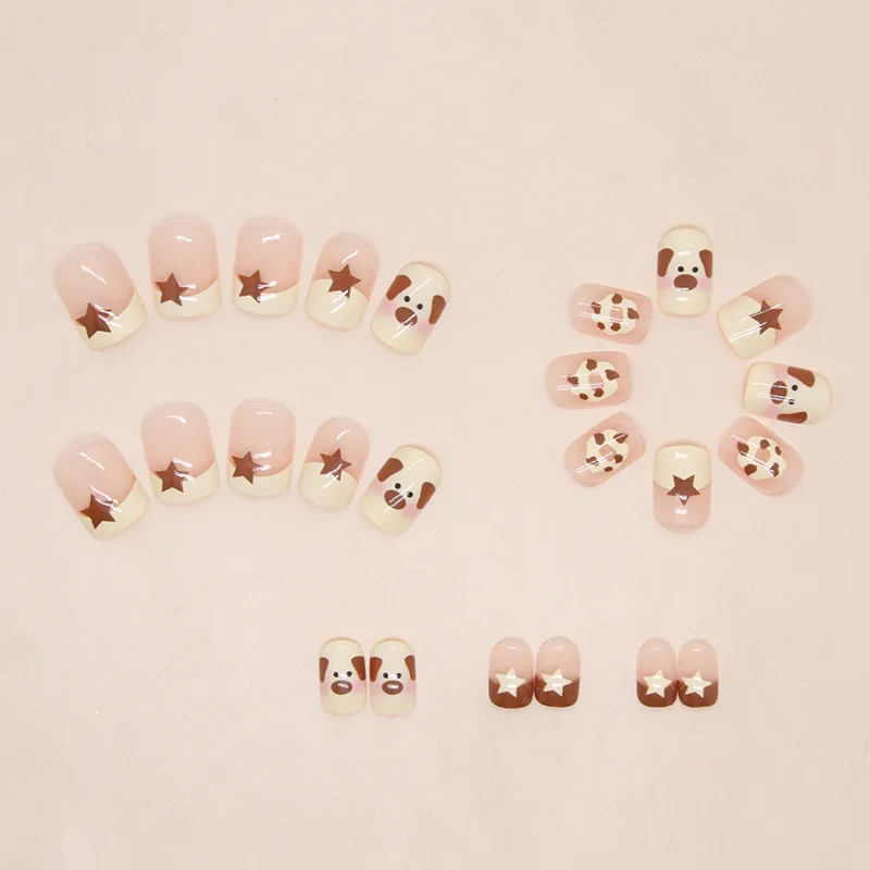 Short Square French Tip Press On Nails Cute Cartoon Puppy Dog Brown Star Cow Print Design Sheer Nude Base Kawaii Sweet Fake Nails Reusable Stick On Nails For Girls Daily Manicure