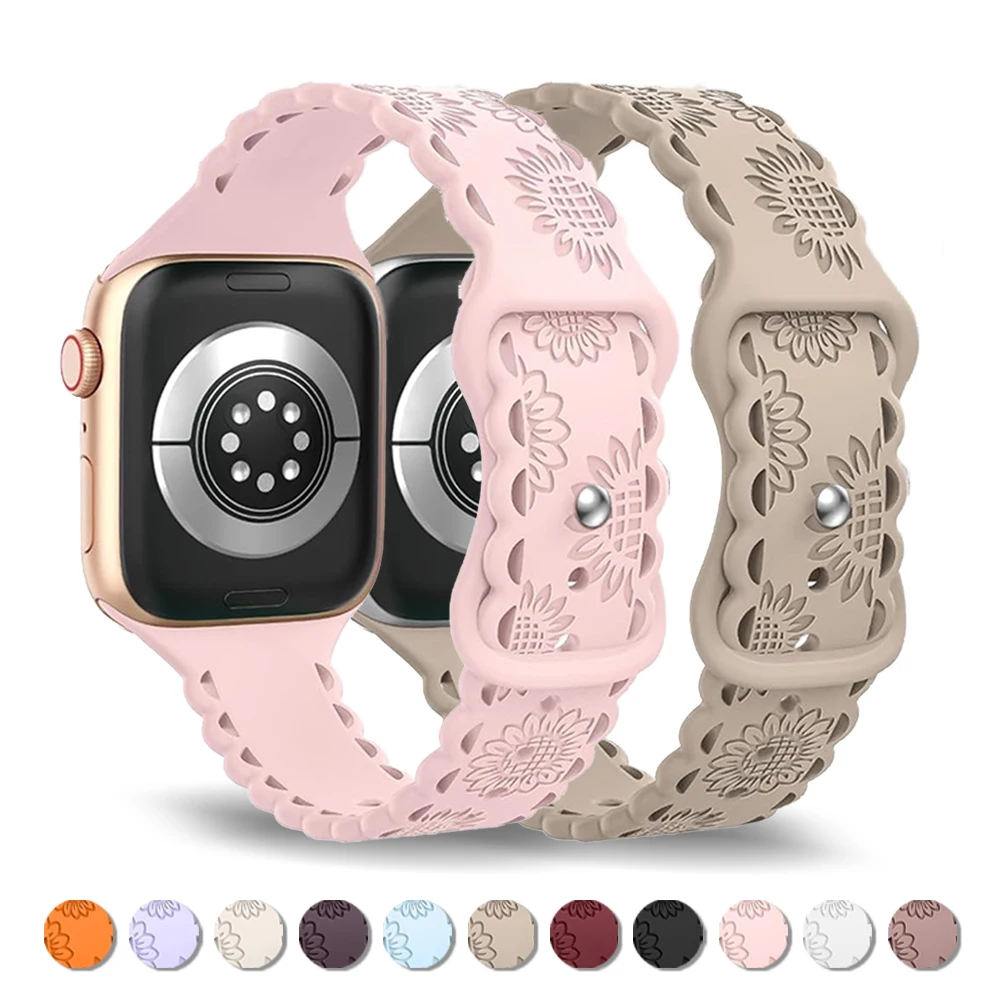 Women Silicone Band for Apple Watch 3 4 5 6 40mm 41mm 42mm 44mm 45mm 38mm Sunflower Girls Strap for iWatch Series 9 8 7 Ultra