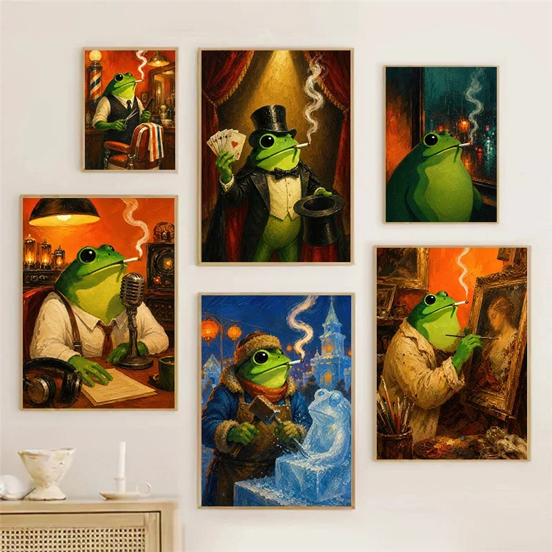 1pc frameless Canvas painting Funny Frog Ice Sculptor Barber Smoking Posters Dapper Artist Modern Prints Canvas Painting Wall Pi