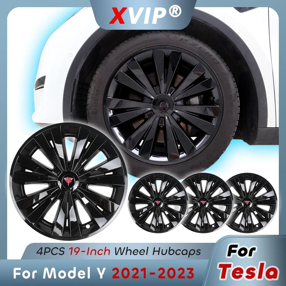 XVIP 19 Inch Thunder Style HubCaps Glossy Black Full Rim Performance Replacement Wheel Cover Protector For Tesla Model Y 2021-23