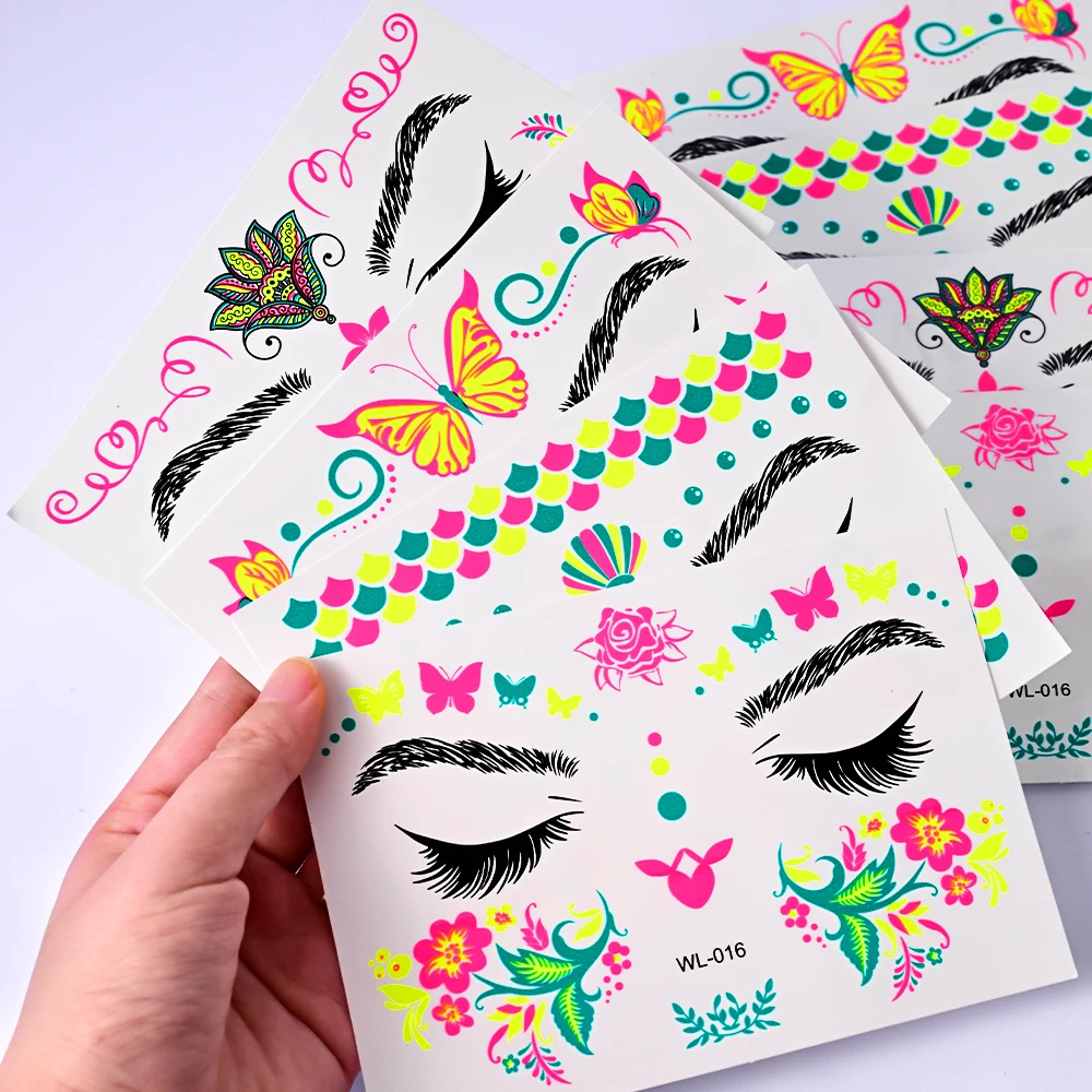 1 szt. Fluorescencyjne naklejki na twarz motyla Luminous syrenka kwiaty twarz tymczasowe naklejki z tatuażami świecące w nocy makijaż naklejka NL