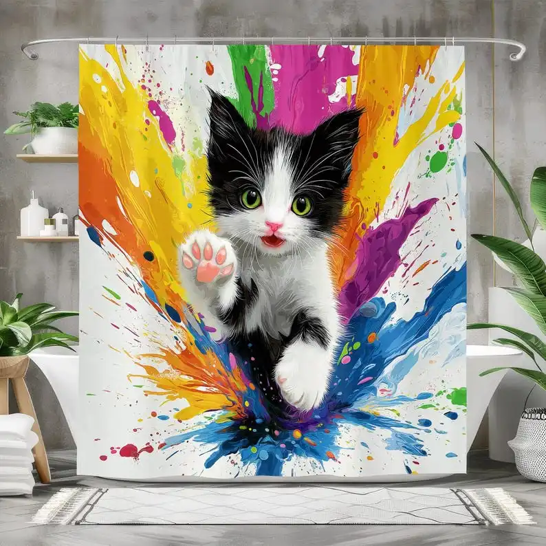 

Colorful Kitten Art Shower Curtain, Waterproof Fabric Bath Curtain for Cat Lovers, Vibrant Bathroom Decor, Cute Feline Design
