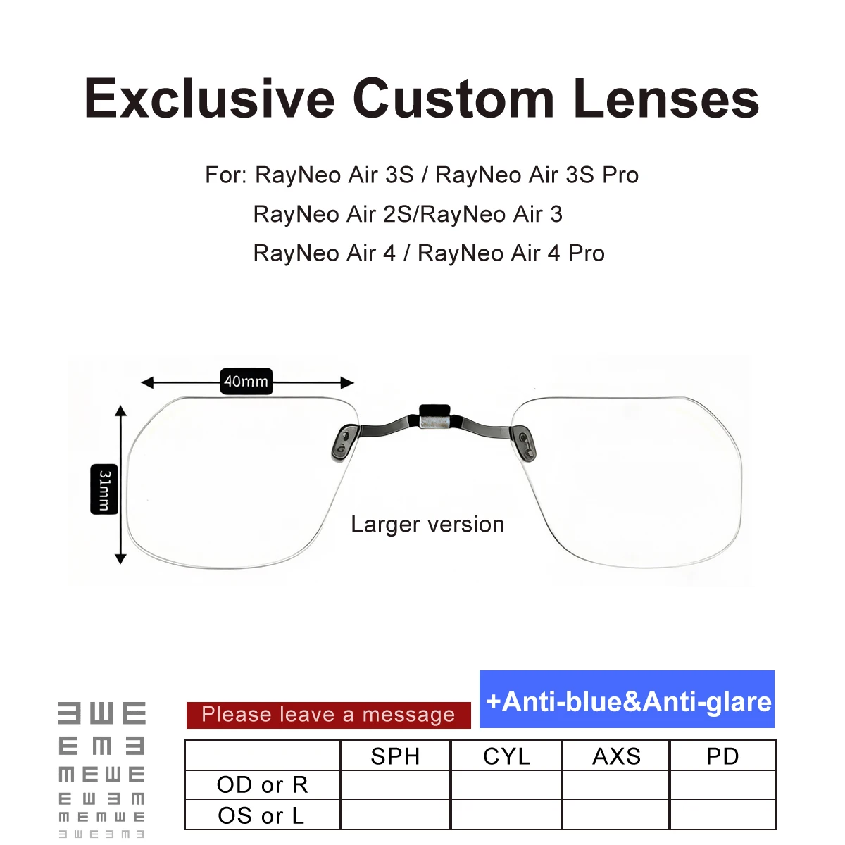 Maßgefertigte RX-Gläser für RayNeo Air 4 4Pro Air 2S Air 3S 3SPro Myopie Astigmatismus Korrekturgläser Blaulichtfilter Blendschutz RX