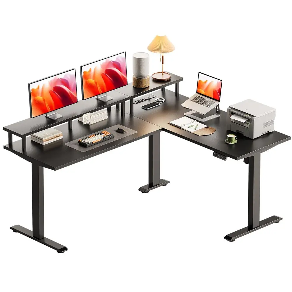 

Electric L Shaped Standing Desk with Monitor Stand, 59 Inch Height Adjustable Corner Desk with Power Outlets, Large Sit Stand T