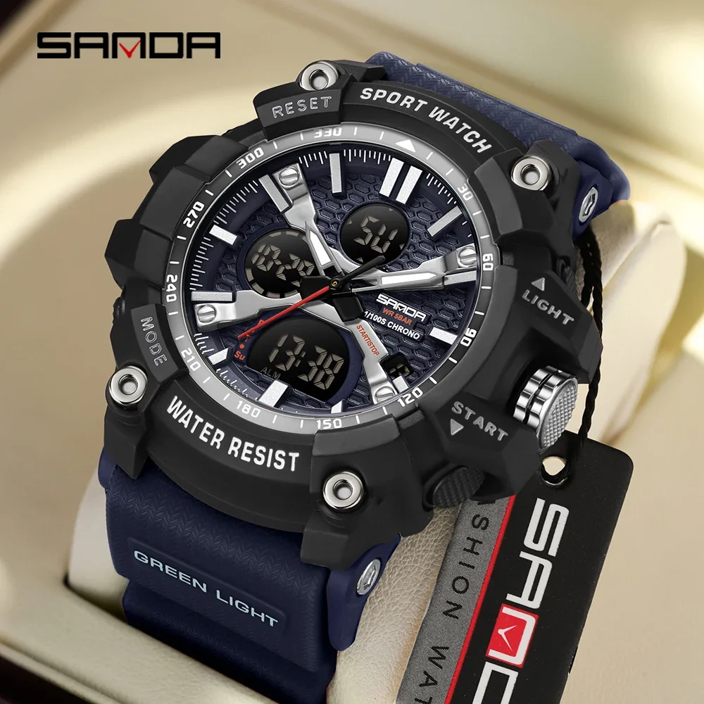 SANDA 3366 Men's Electronic Digital Watch Sport Multi functional Dual screen Waterproof Men's Electronic Digital Watch 2024