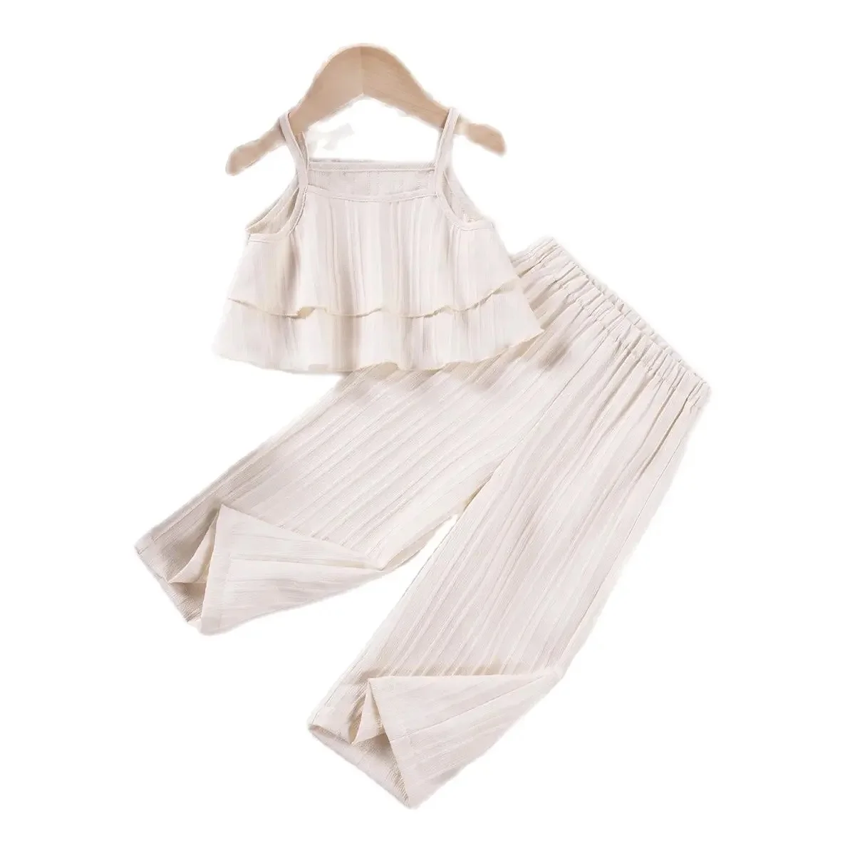 Cute Princess Style Casual Fashion Set Solid Color Summer Girls' Sling Pants Wave Stripe Sling Pants Two Piece Set