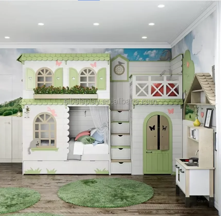 Wood Children's Bunk Bed Girl Princess Castle Solid Modern Kids Furniture Customized Bunk Bed