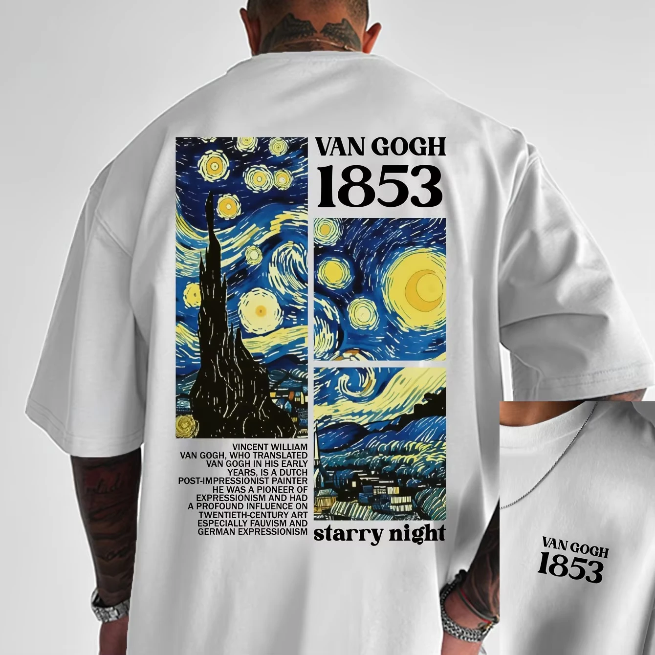 Men's Summer Pure  Fashionable Casual Loose Tribute Van Gogh Famous Painting Printed Round Neck Short Sleeved T-shirt
