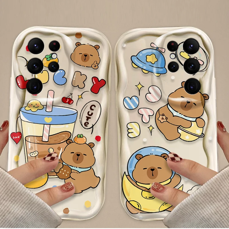 Cartoon Lovely Capybara 3D Wave Phone Case for Samsung Galaxy S25 S24 Ultra S23 S22 S21 S20 Plus FE A56 A36 A26 Shockproof Cover