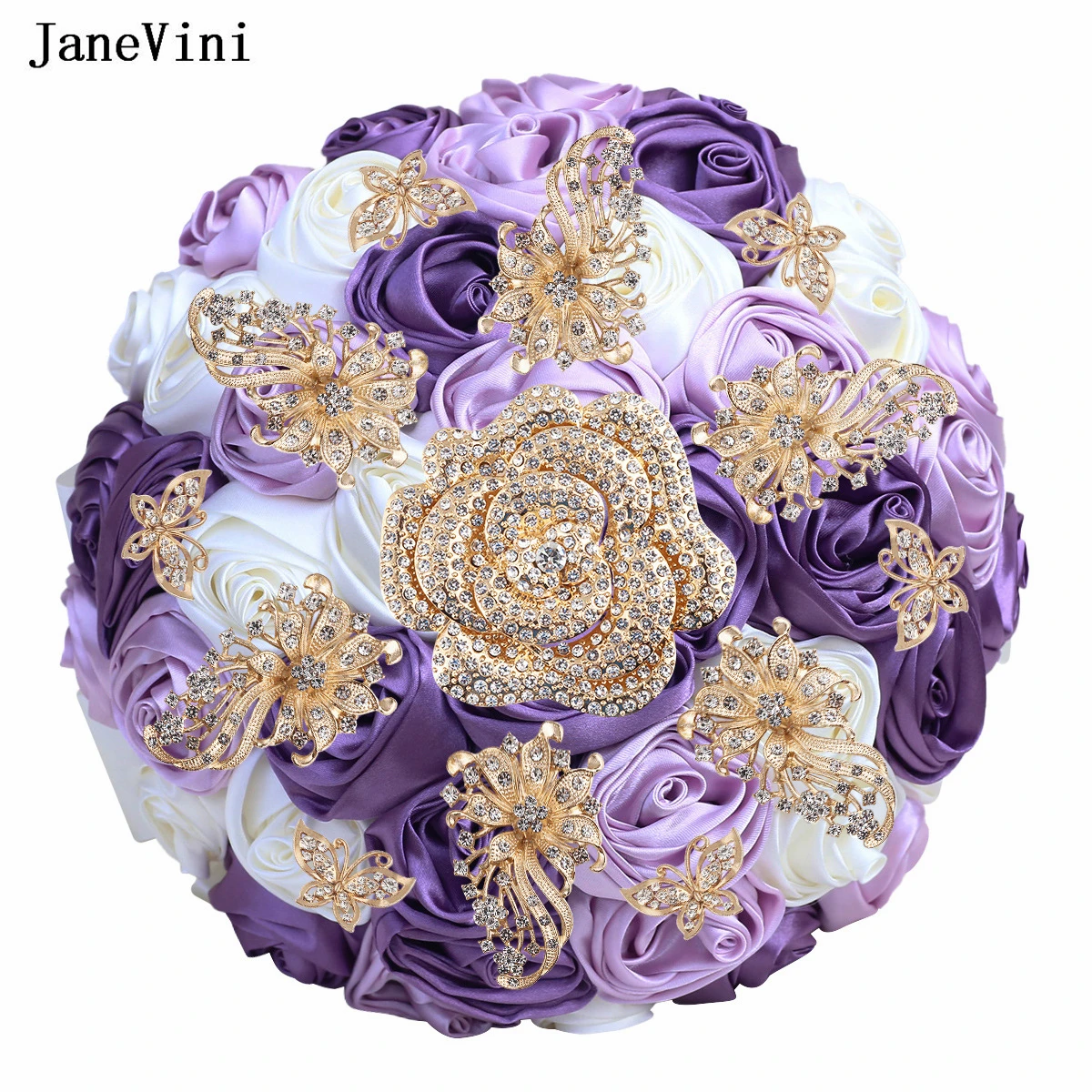 JaneVini-broche nupcial de albaricoque rojo oscuro, ramos de rosas doradas brillantes, diamantes de imitación, rosas artificiales de satén, ramo de flores de boda