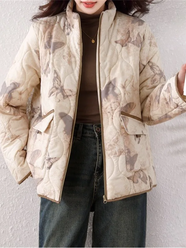 Plus Size Damen Retro Adient Stehkragen Baumwolle Jaet ort Oberbekleidung Thiened Warm Winter Faionable All-Match Mantel