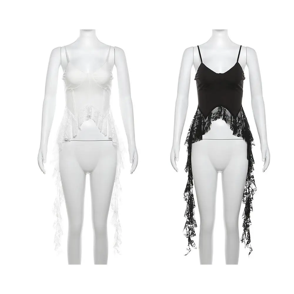 

Cool A-line Lace Tassel Camisole V-neck Ruffled Edge Lace-up Slim Crop Top Sweet Streetwear Sleeveless Top Women For Girls